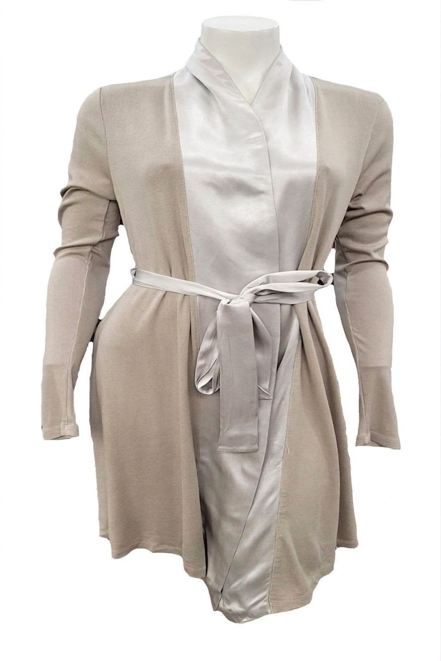 NEW PJ HARLOW elijah rib knit longsleeve robe with satin trim and belt in clay